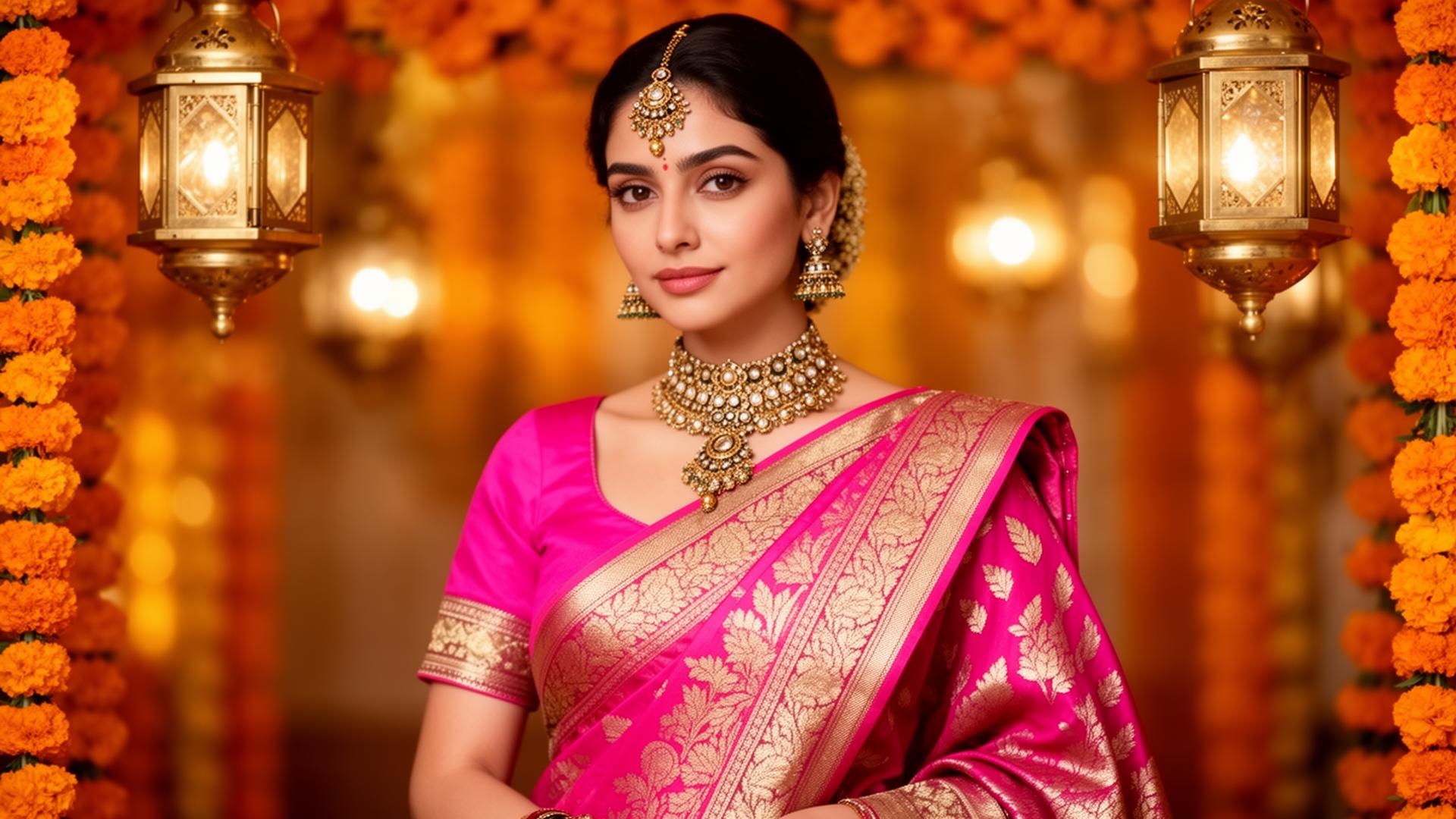 Elegant model in a rani pink Banarasi silk saree